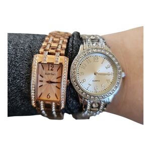 Lot of 2 Quartz Stainless Steel Rhinestone Bling Watches Ellen Tracy & Accutime